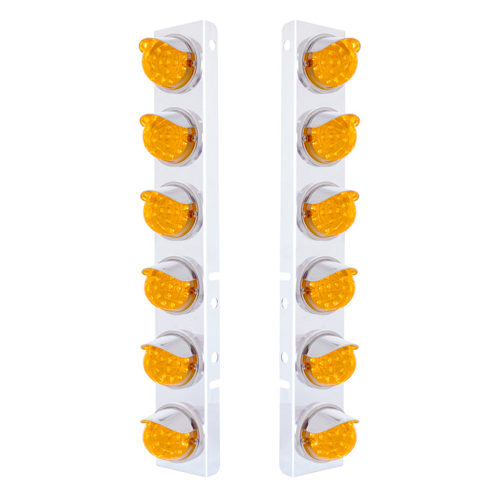 Stainless Steel Front Air Cleaner Bracket With 12 x 17 Amber LED Dual Function Reflector Lights &amp; Stainless Steel Visors For Peterbilt - Amber Lens