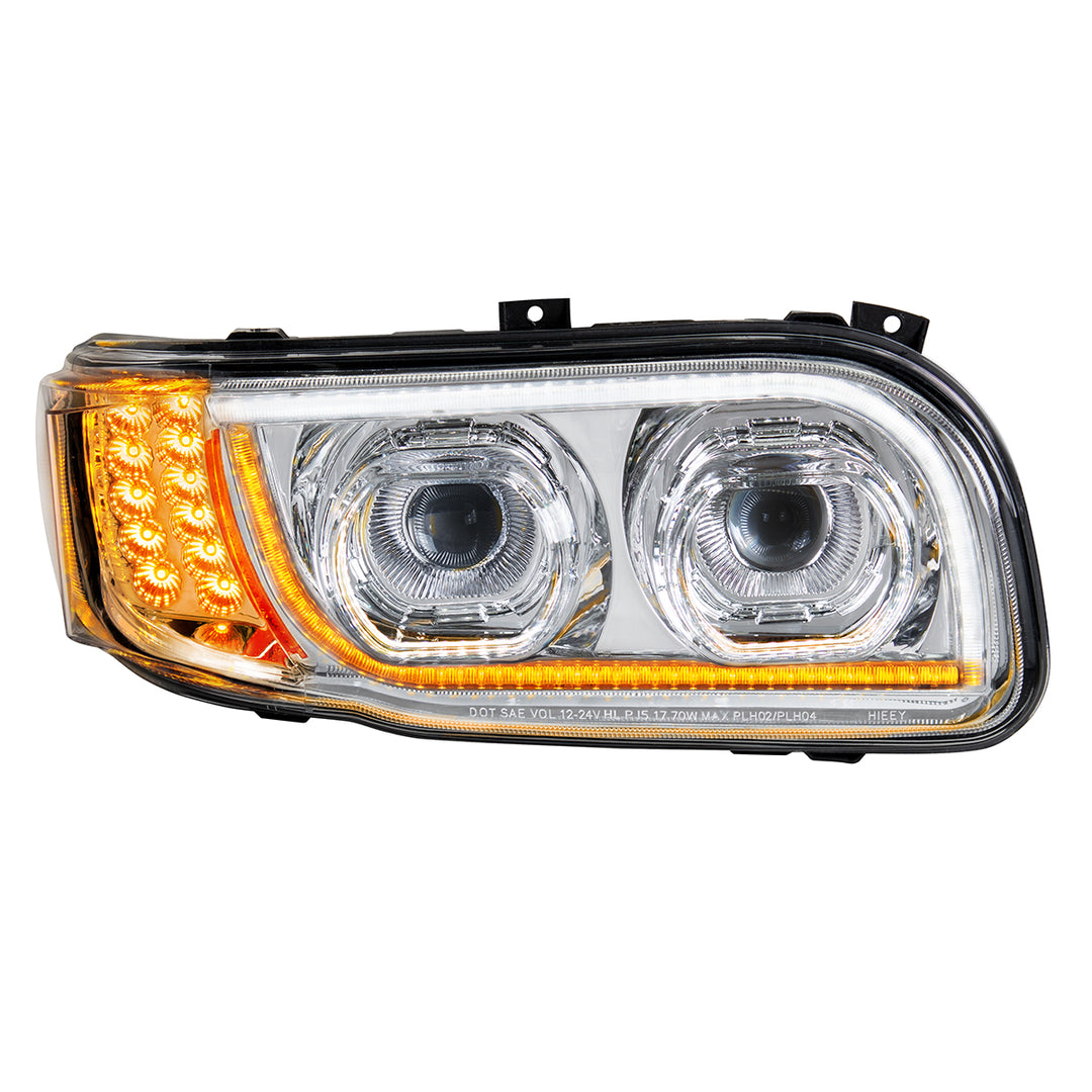 High Power LED Chrome Headlight With 16 LED Turn &amp; 57 LED Bar For 2008-2024 Peterbilt 389 - Passenger