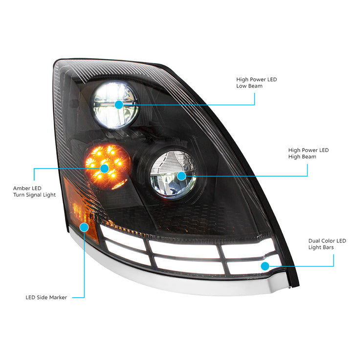 Black LED Headlight With Dual Color LED Light Bars For 2003-2017 Volvo VN/VNL - Passenger