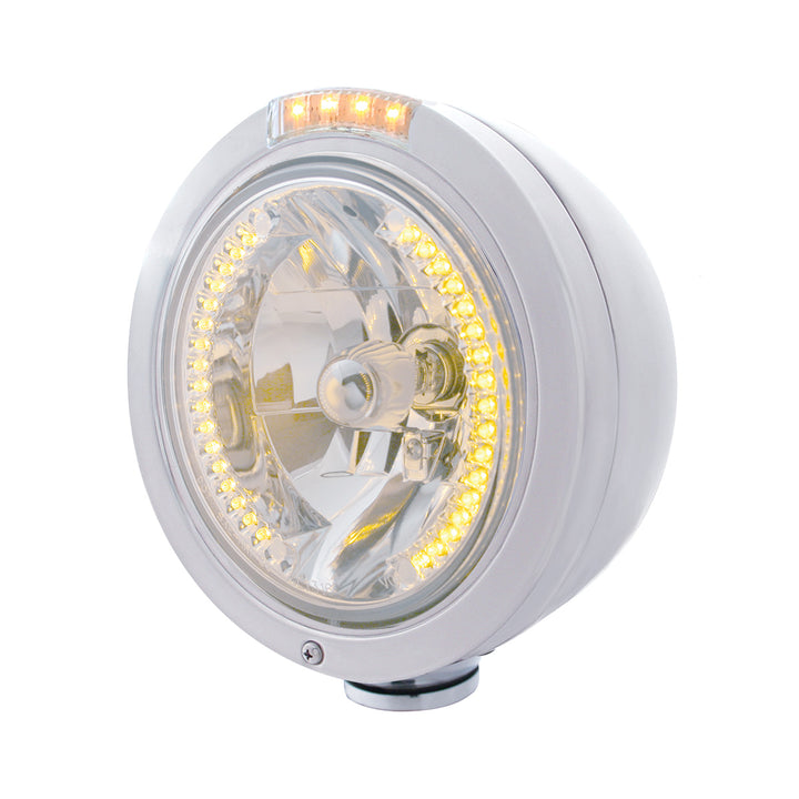 Stainless Steel Bullet Classic Headlight H4 With Amber LED &amp; Dual Mode LED Signal - Clear Lens