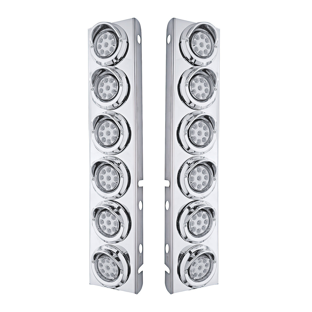 Stainless Steel Front Air Cleaner Bracket With 12 x 9 LED 2" Reflector Lights &amp; Visors For Peterbilt - Amber LED/Clear Lens