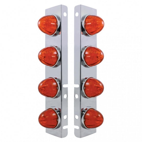 Stainless Steel Front Air Cleaner Bracket With 8 x 17 LED Watermelon Lights &amp; Stainless Steel Bezels For Peterbilt - Amber LED/Dark Amber Lens