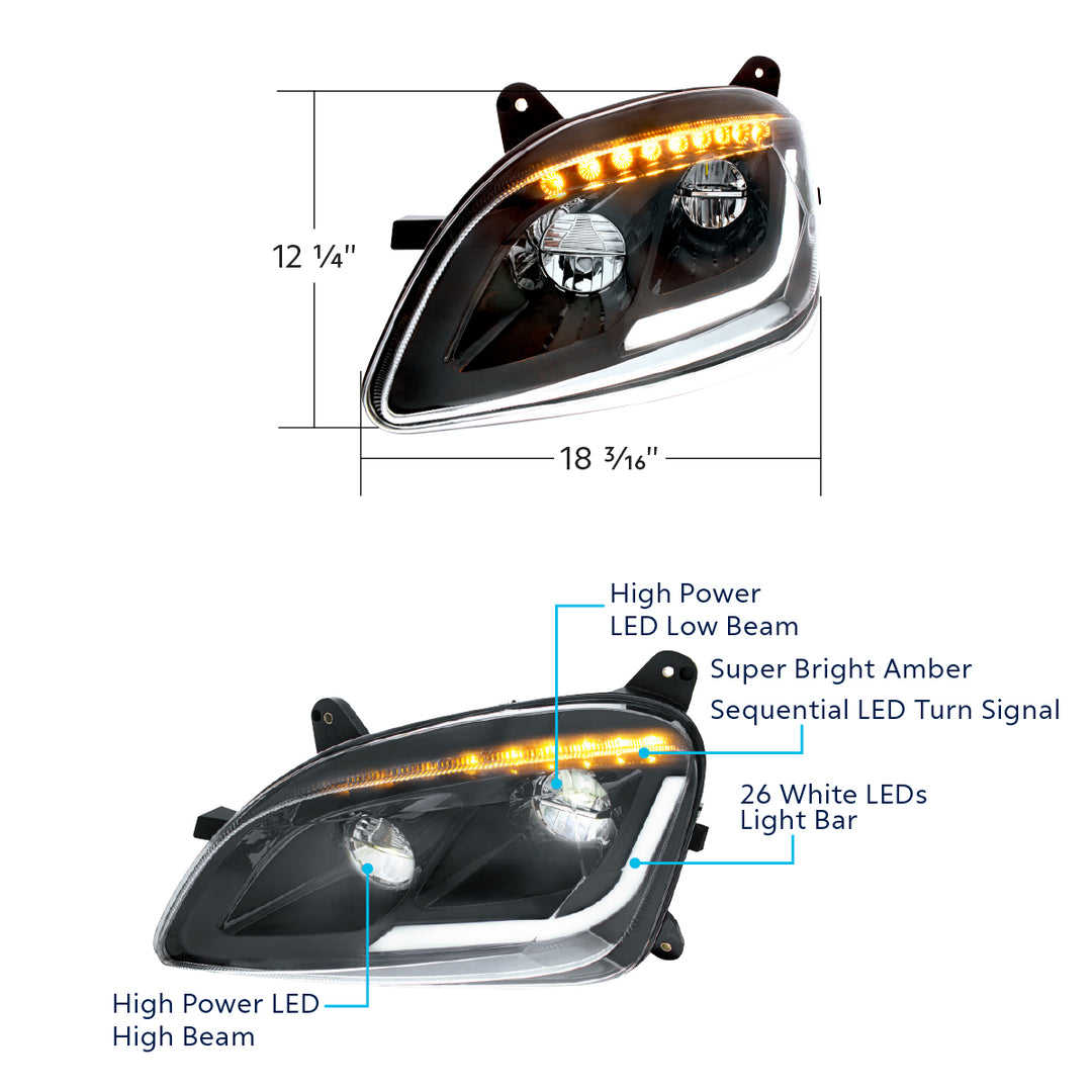 Black LED Headlight W/Sequential LED Turn Signal For Peterbilt 579 (2012-21) &amp; 587 (2010-16) - Passenger