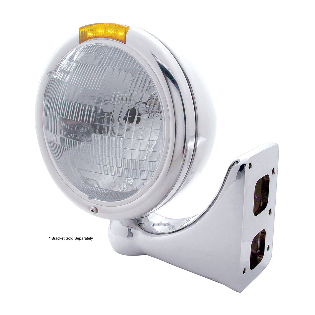 Stainless Steel Classic Headlight H6024 Bulb &amp; LED Turn Signal - Amber Lens