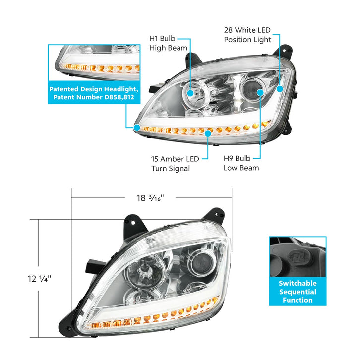 Chrome Projection Headlight With LED Position Light &amp; Sequential Signal For 2012-2021 Peterbilt 579 - Driver