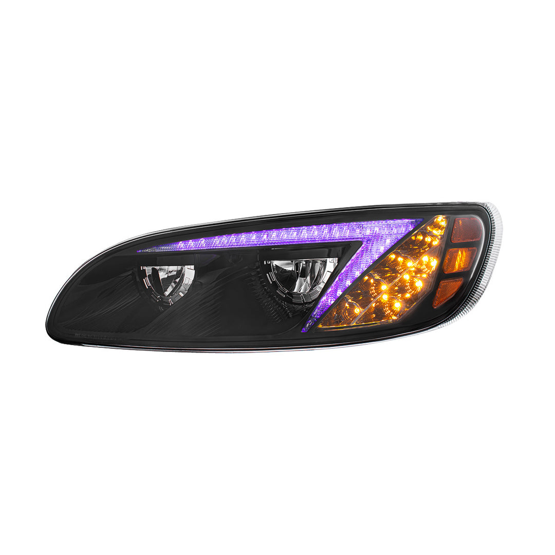 Black LED Headlight With Color Changing Position Light Bar For Peterbilt 386 (2005-2015) &amp; 387 (1999-2010) - Driver