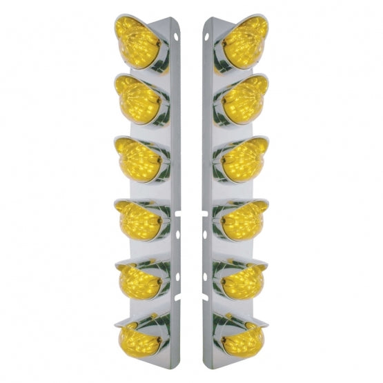 Stainless Steel Front Air Cleaner Bracket With 12 x 19 LED Bullet Style Lights &amp; Visors For Peterbilt - Amber LED &amp; Lens