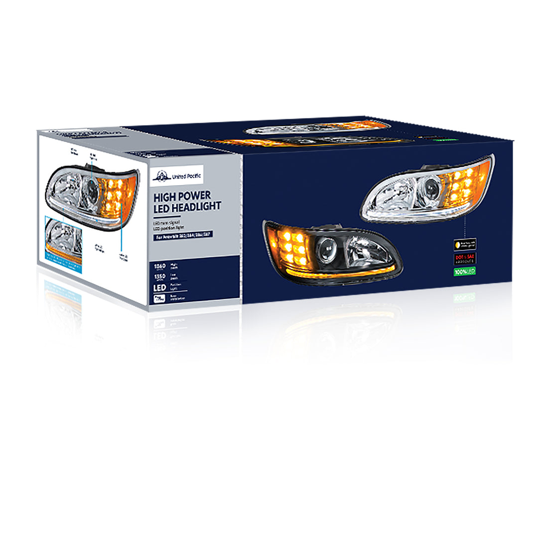Chrome Projection Headlight With LED Turn &amp; Position Light for 2005-2015 Peterbilt 386 - Driver