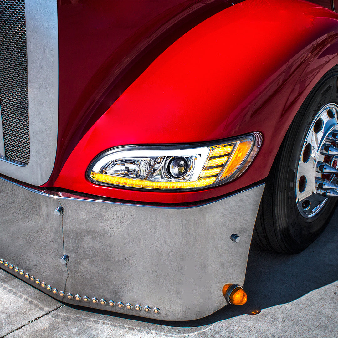 Chrome Projection Headlight With LED Sequential Turn &amp; DRL For 2005-2015 Peterbilt 386 - Driver