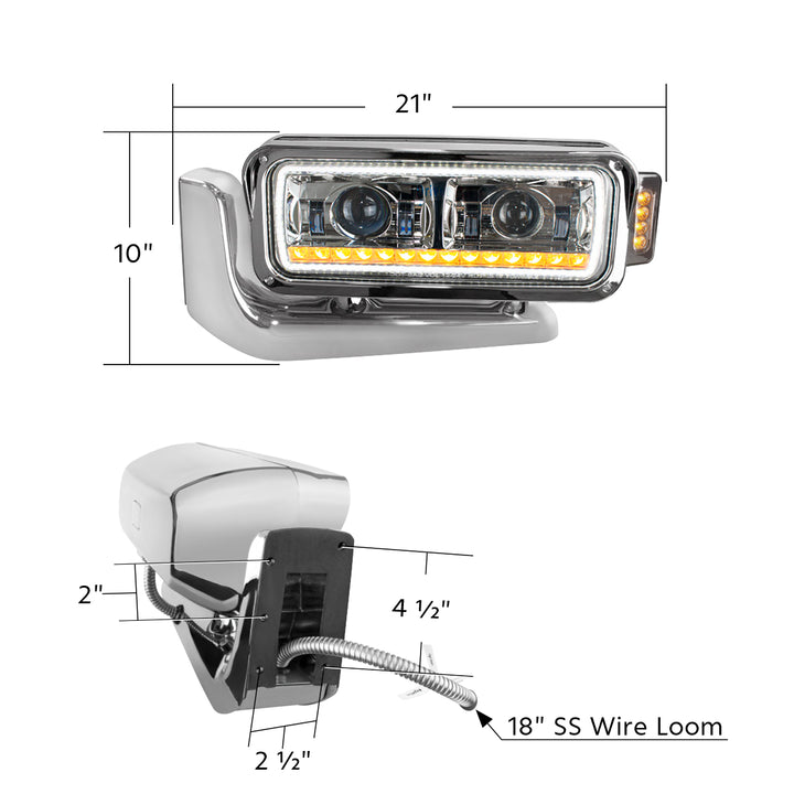 High Power LED Chrome Projection Headlight Assembly With Mounting Arm &amp; Turn Signal - Driver