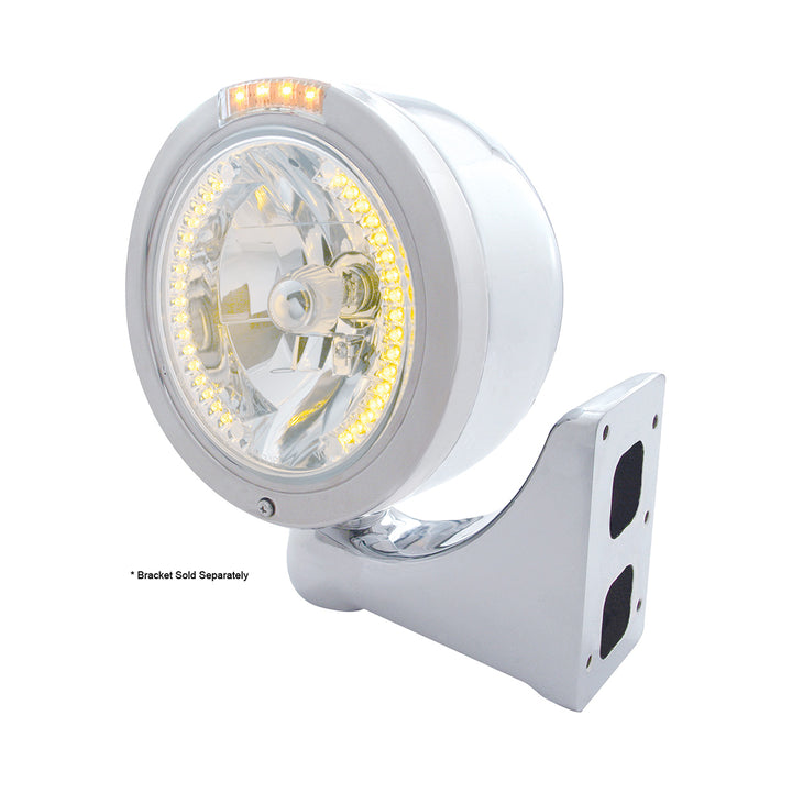 Stainless Steel Bullet Half Moon Headlight H4 With Amber LED &amp; Dual Mode LED Signal - Clear Lens