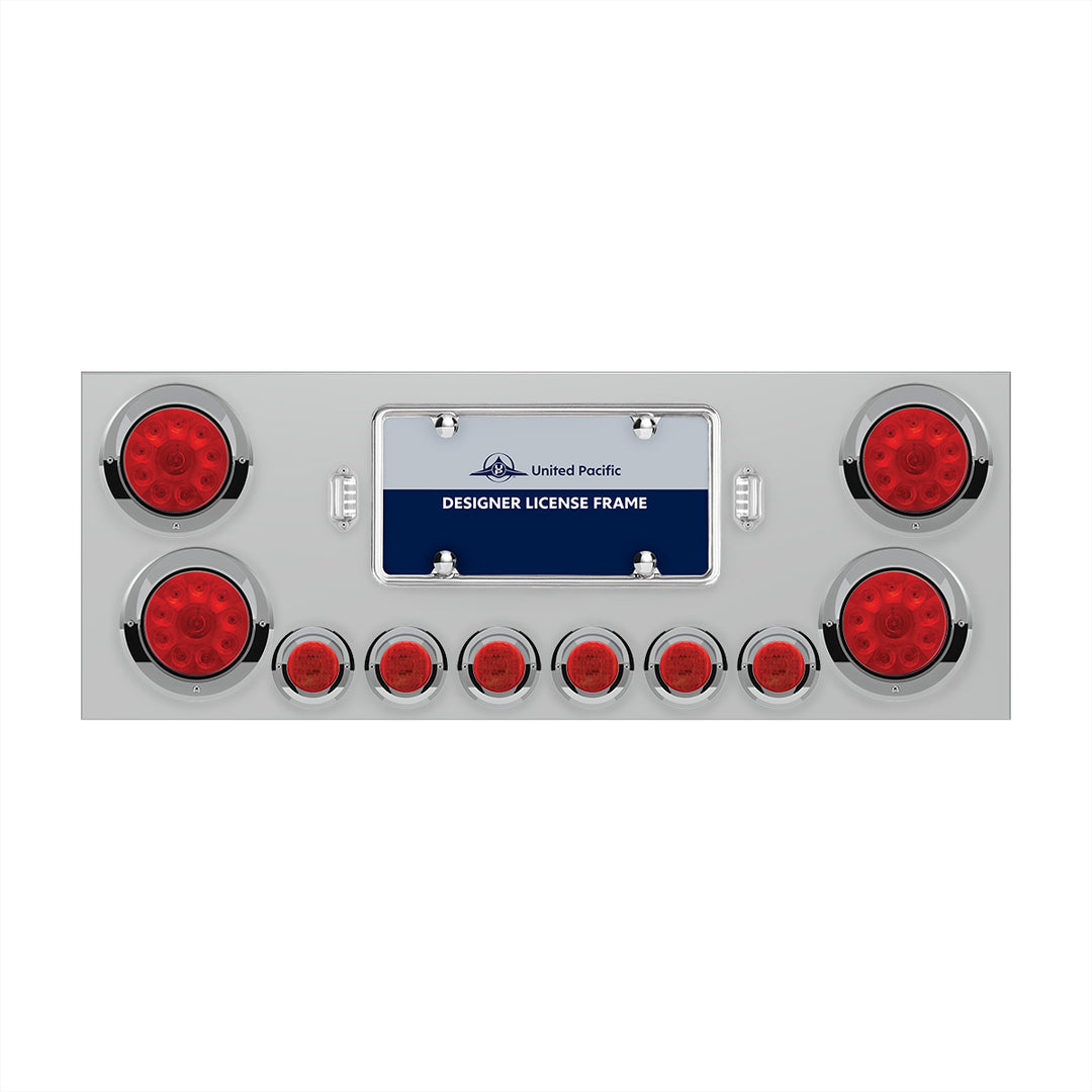 Stainless Steel Rear Center Panel With 4 x 10 LED 4" Lights &amp; 6 x 9 LED 2" Lights &amp; Visors - Red LED &amp; Lens