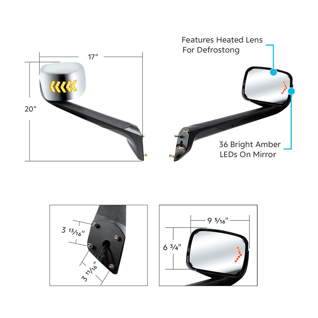 Hood Mirror Assembly W/LED Lights On Mirror Cover &amp; Glass For 2018-2025 Cascadia - Heated/Passenger