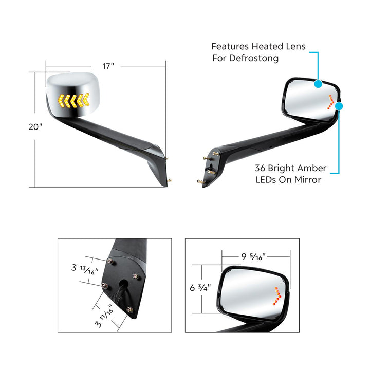 Hood Mirror Assembly W/LED Lights On Mirror Cover &amp; Glass For 2018-2025 Cascadia - Heated/Passenger