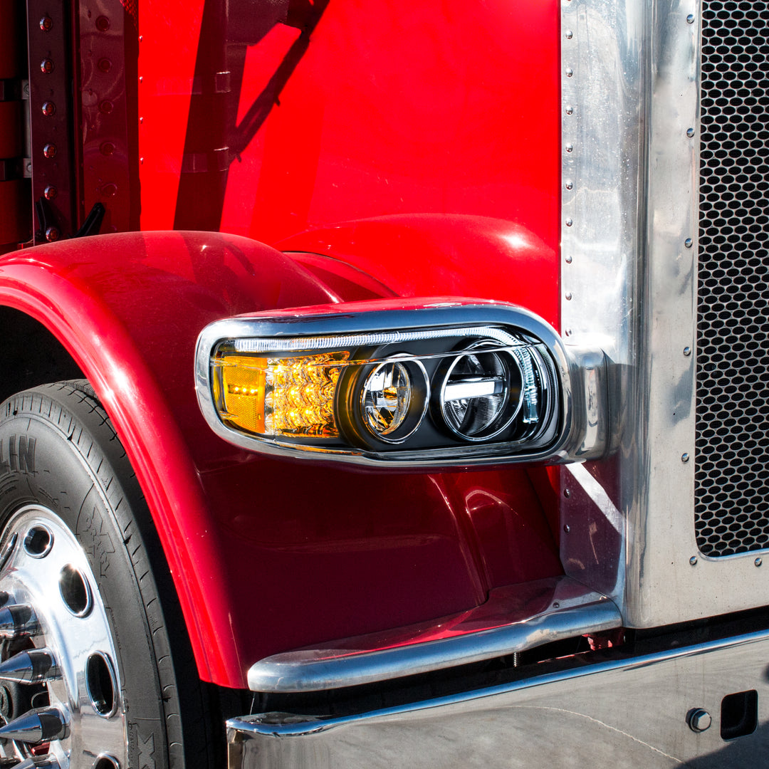 Blackout LED Headlight With LED Turn &amp; Position Light Bar For 2008-2023 Peterbilt 389 - Driver