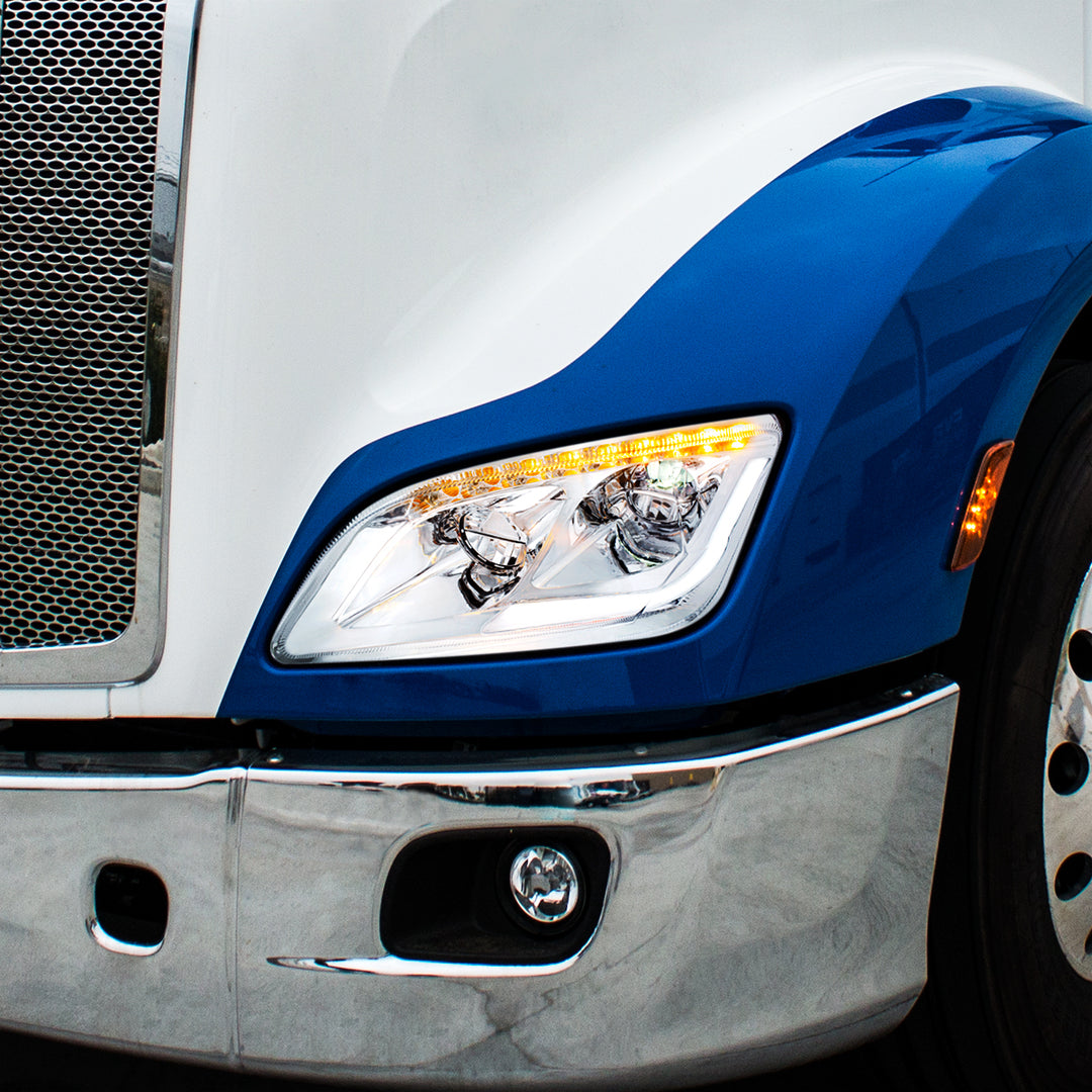 Chrome LED Headlight W/Sequential LED Turn Signal For Peterbilt 579 (2012-21) &amp; 587 (2010-16) - Driver