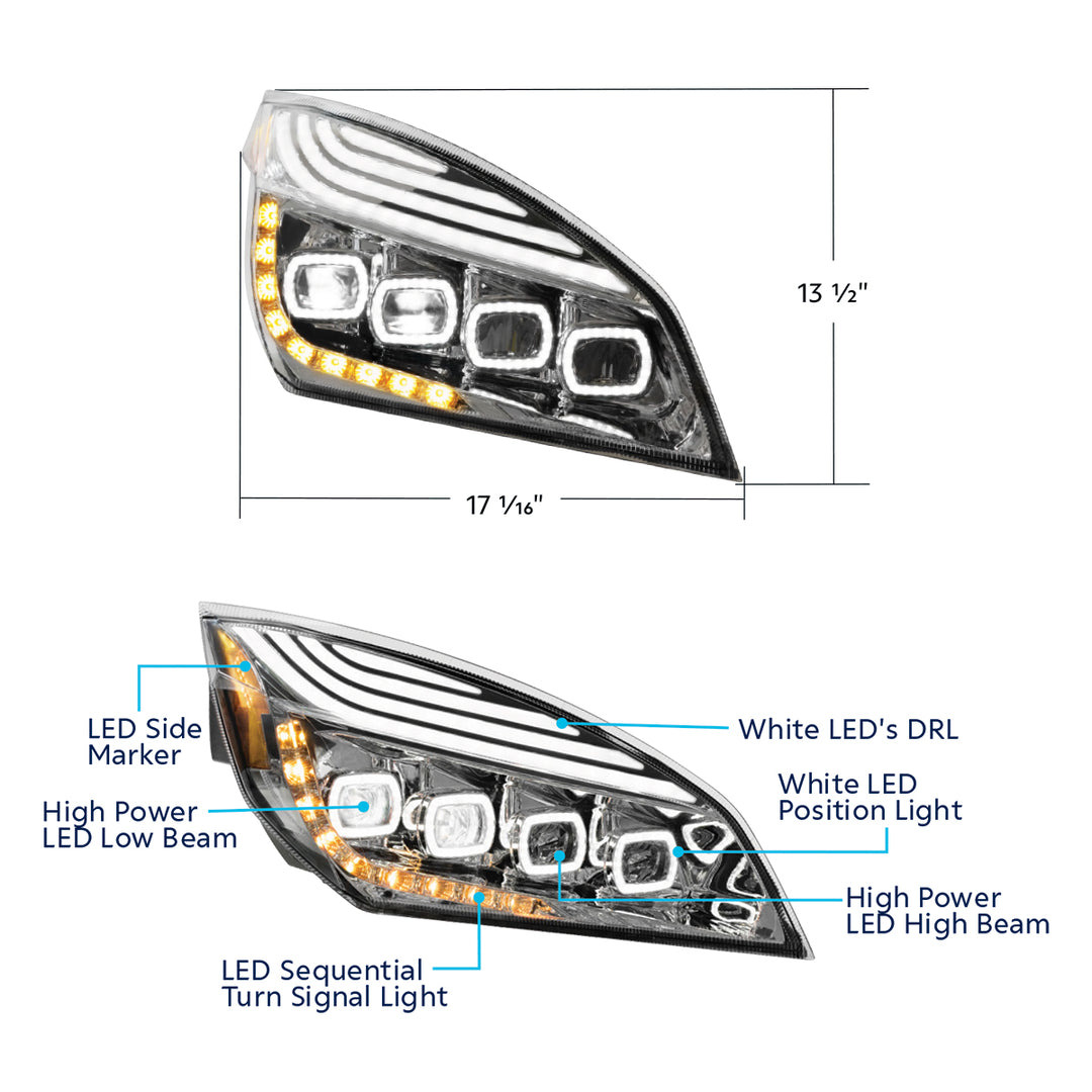 Chrome Quad - LED Headlight With LED DRL &amp; Seq. Signal For 2018-2024 Freightliner Cascadia - Passenger