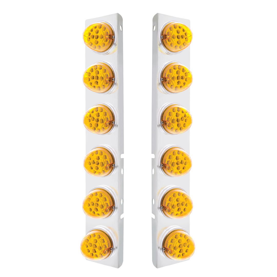 Stainless Steel Front Air Cleaner Bracket With 12 x 17 Amber LED Dual Function Reflector Lights &amp; Stainless Steel Bezels For Peterbilt - Amber Lens