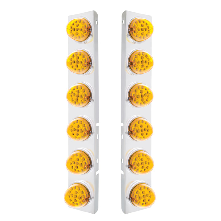 Stainless Steel Front Air Cleaner Bracket With 12 x 17 Amber LED Dual Function Reflector Lights &amp; Stainless Steel Bezels For Peterbilt - Amber Lens