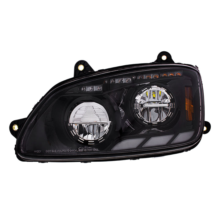 Black LED Headlight With Sequential Turn Signal &amp; Position Light Bars For 2008-17 Kenworth T660 - Driver