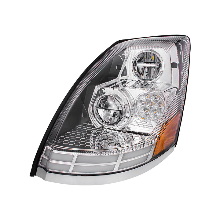 Chrome LED Headlight With Dual Color LED Light Bars For 2003-2017 Volvo VN/VNL - Driver