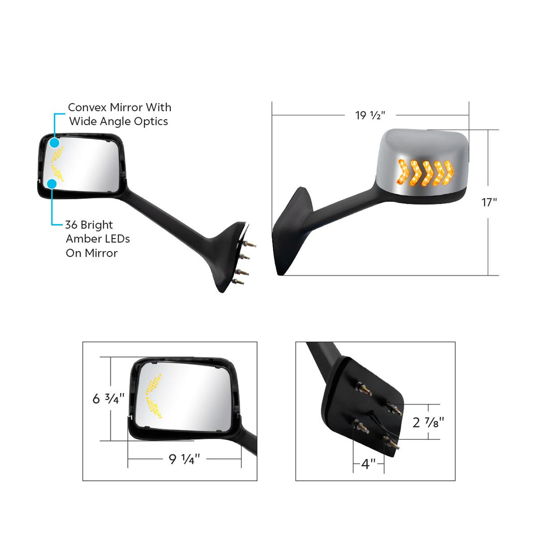 Chrome Plastic Hood Mirror Assembly With Sequential LED Turn Signals For 2018-2024 International LT - Driver