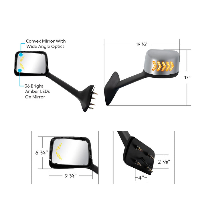 Chrome Plastic Hood Mirror Assembly With Sequential LED Turn Signals For 2018-2024 International LT - Driver