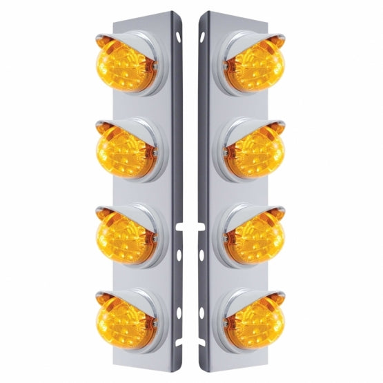 Stainless Steel Front Air Cleaner Bracket With 8 x 17 Amber LED Dual Function Reflector Lights &amp; Visors For Peterbilt - Amber Lens