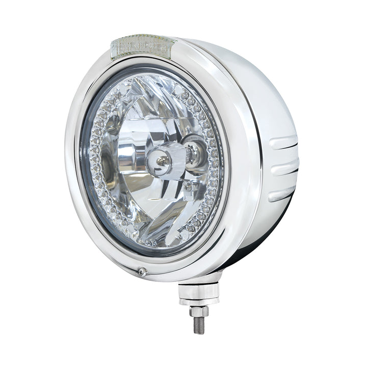 Stainless Steel Classic Embossed Stripe Headlight H4 With White LED &amp; Dual Mode LED Signal - Clear Lens