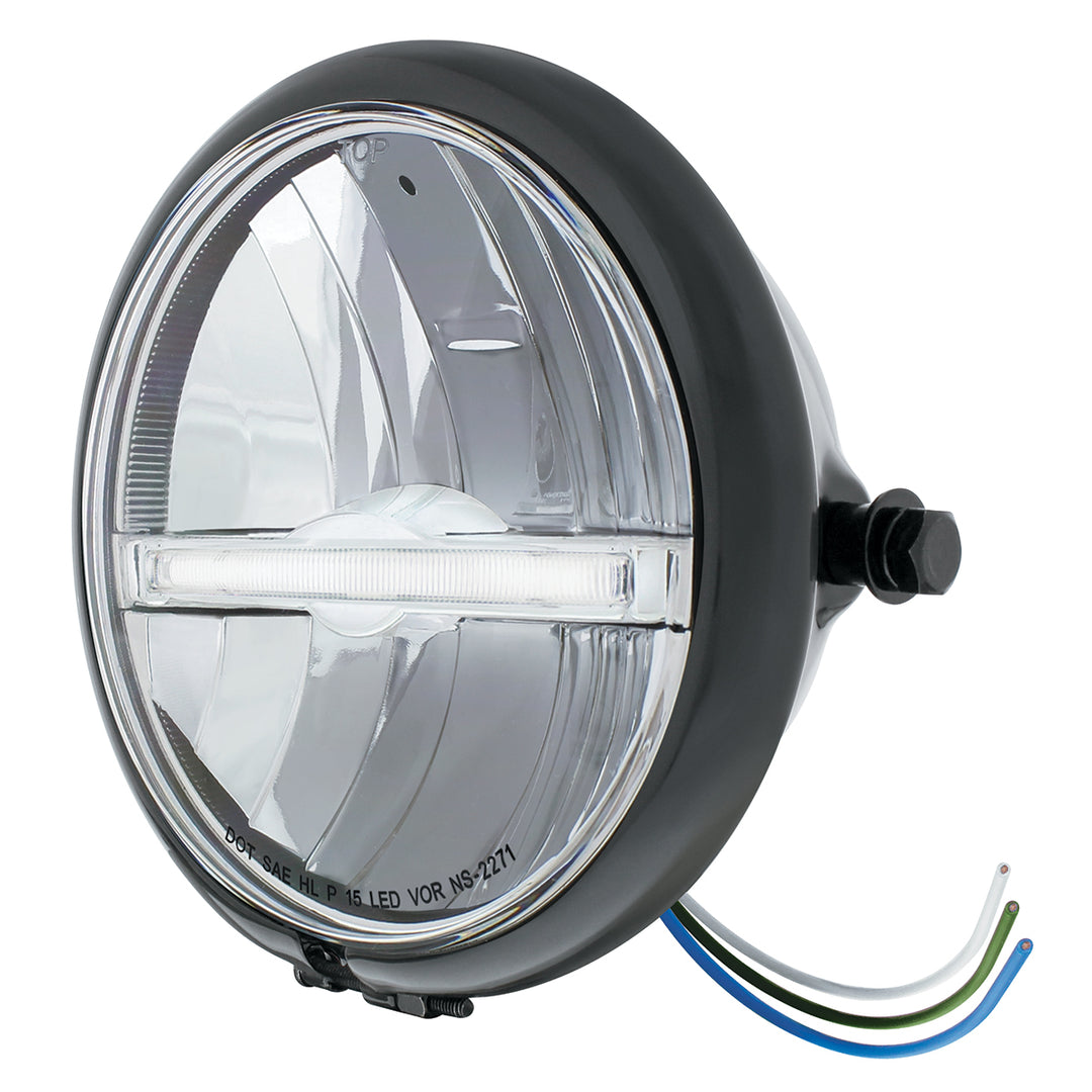 Black 5-3/4" Motorcycle Headlight 9 LED Bulb With White LED Light Bar - Side Mount