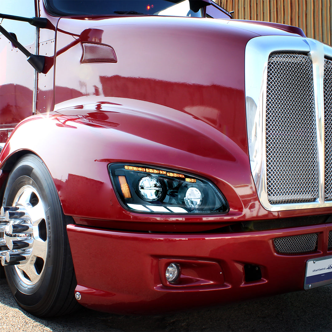 Black LED Headlight With Sequential Turn Signal &amp; Position Light Bars For 2008-17 Kenworth T660 - Passenger