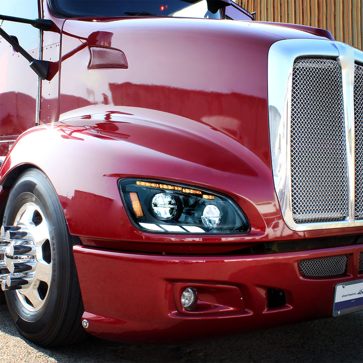 Black LED Headlight With Sequential Turn Signal &amp; Position Light Bars For 2008-17 Kenworth T660 - Passenger