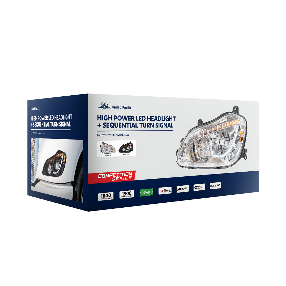 High Power 45 LED Chrome Headlight With Sequential Turn Signal For 2013-2021 Kenworth T680 - Passenger
