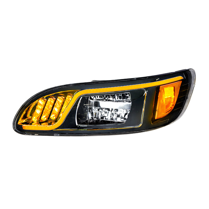 Black LED Headlight With LED Turn, Position, &amp; DRL For Peterbilt 386 (2005-2015) &amp; 387 (1999-2010) - Driver