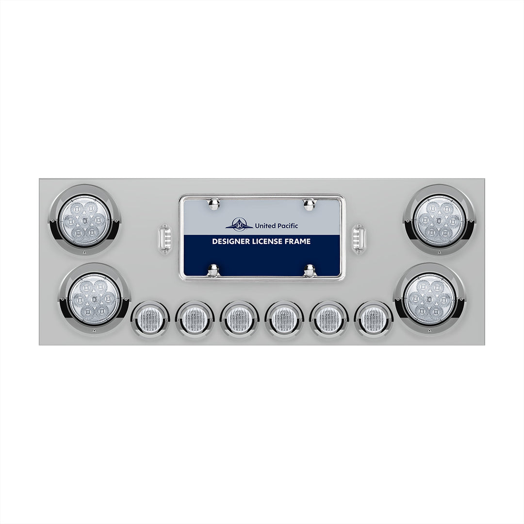 Stainless Steel Rear Center Panel With 4 x 7 LED 4" Reflector Lights &amp; 6 x 9 LED 2" Lights &amp; Visors - Red LED/Clear Lens