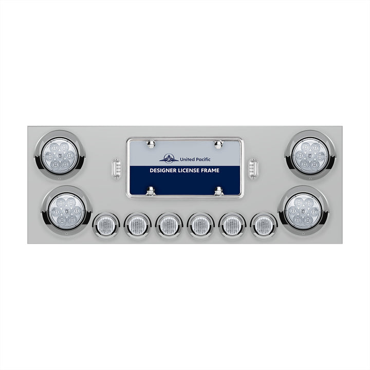 Stainless Steel Rear Center Panel With 4 x 7 LED 4" Reflector Lights &amp; 6 x 9 LED 2" Lights &amp; Visors - Red LED/Clear Lens