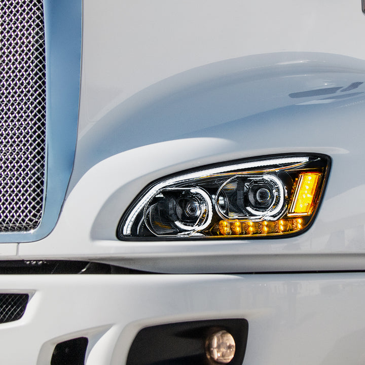 "Blackout" LED Headlight With LED Turn Signal &amp; LED Position Light Bar For 2008-2017 Kenworth T660 - Driver
