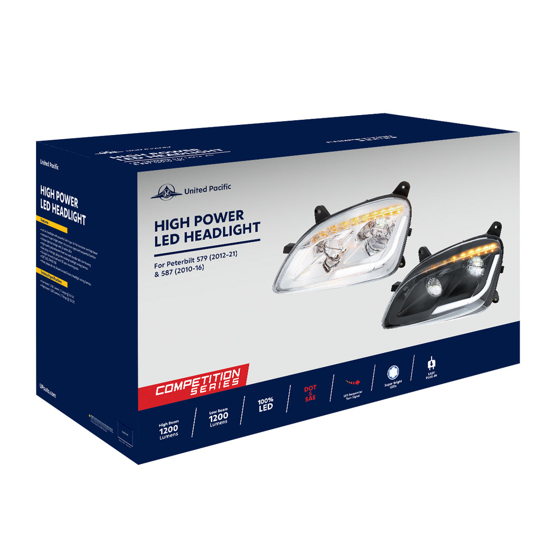 Chrome LED Headlight W/Sequential LED Turn Signal For Peterbilt 579 (2012-21) &amp; 587 (2010-16) - Driver