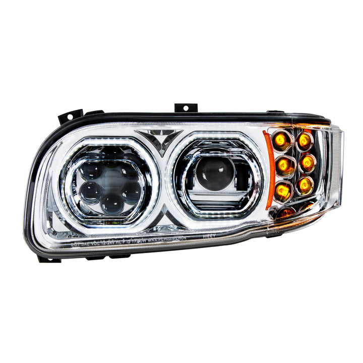 High Power 10 LED Chrome Headlight With 6 LED Turn &amp; 100 LED Halo For 2008-2024 Peterbilt 389 - Driver