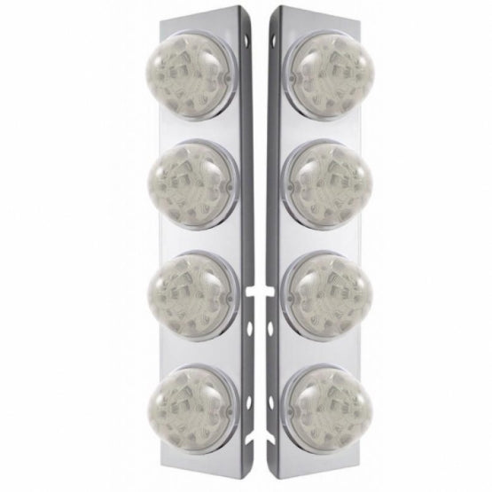 Stainless Steel Front Air Cleaner Bracket W/8 x 17 Amber LED Refl. Watermelon Lights &amp; Stainless Steel Bezels For Peterbilt - Clear Lens (Pair)