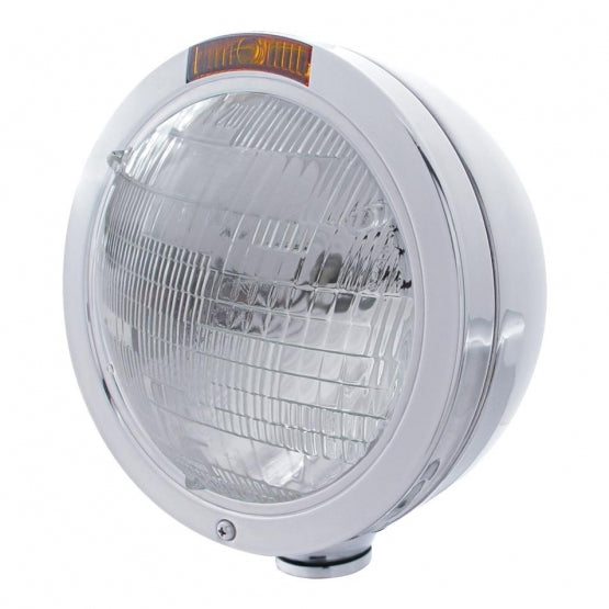 Stainless Steel Bullet Classic Headlight 6014 Bulb &amp; Turn Signal - Amber Lens