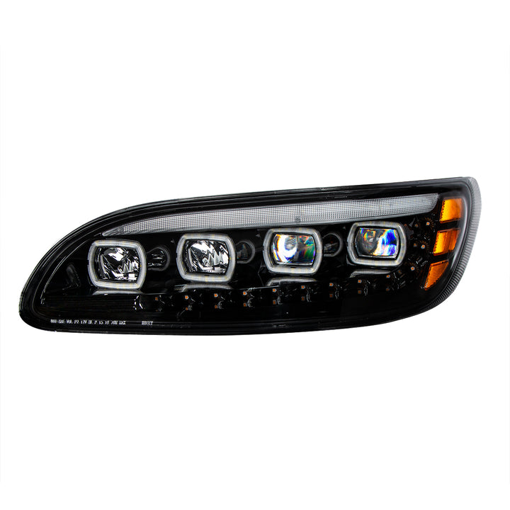 Black Quad - LED Headlight With LED DRL &amp; Seq. Signal For 2005-2015 Peterbilt 386 - Driver