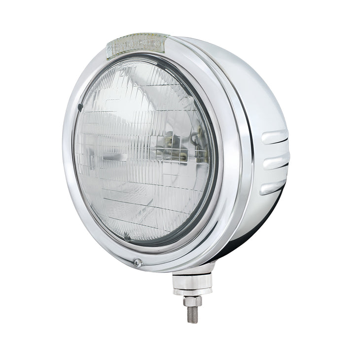 Stainless Steel Bullet Embossed Stripe Headlight H6024 &amp; Dual Mode LED Signal - Clear Lens