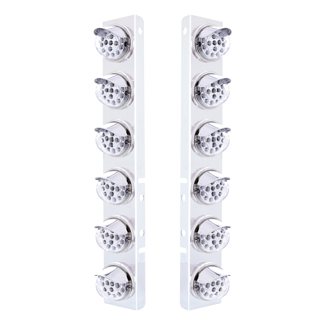 Stainless Steel Front Air Cleaner Bracket With 12 x 17 Amber LED Dual Function Reflector Lights &amp; Stainless Steel Visors For Peterbilt - Clear Lens