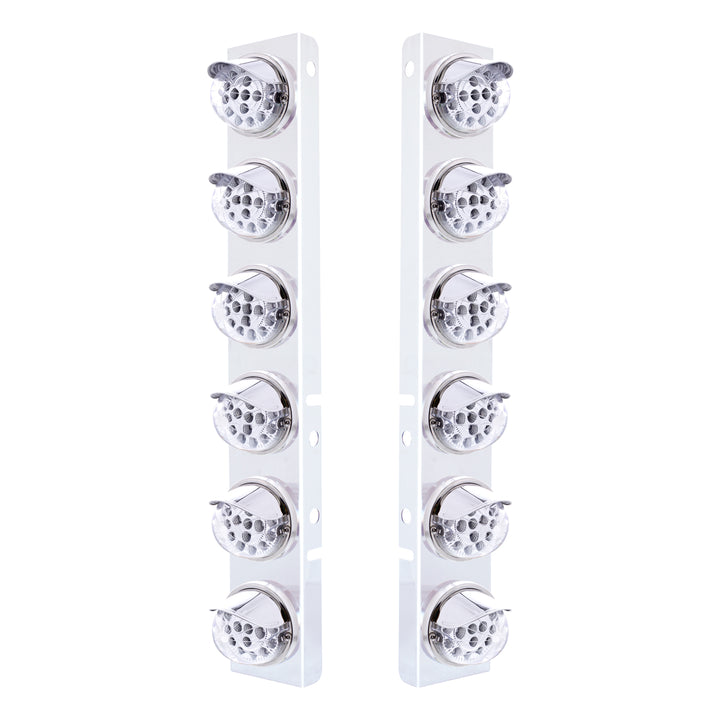 Stainless Steel Front Air Cleaner Bracket With 12 x 17 Amber LED Dual Function Reflector Lights &amp; Stainless Steel Visors For Peterbilt - Clear Lens
