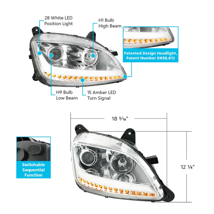 Chrome Projection Headlight With LED Position Light &amp; Sequential Signal For 2012-2021 Peterbilt 579 - Passenger