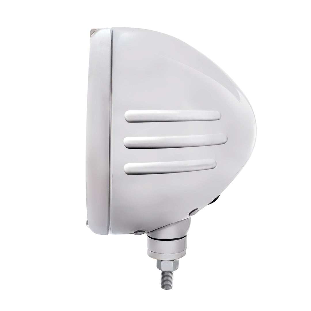 Stainless Steel Classic Embossed Stripe Headlight Housing &amp; H4 With 6 Amber LED &amp; Dual Mode LED Signal - Clear Lens