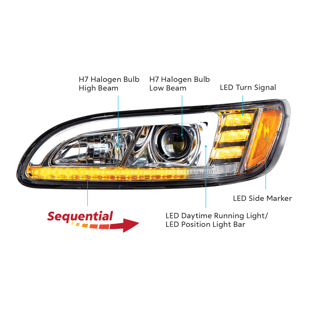 Chrome Projection Headlight With LED Sequential Turn &amp; DRL For 2005-2015 Peterbilt 386 - Passenger