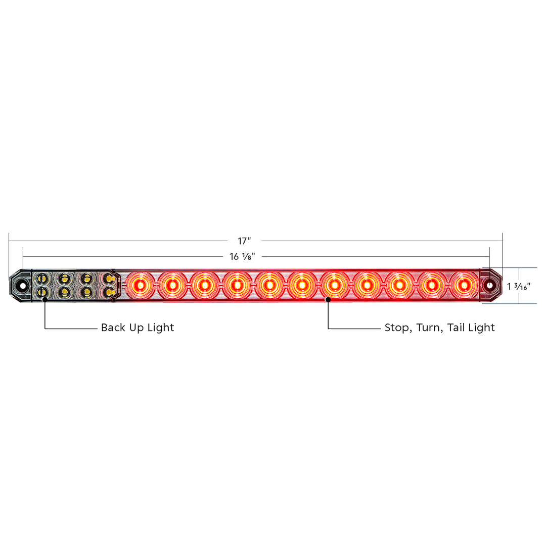 17" 27 LED Low Profile Light Bar (Stop, Turn &amp; Tail) With Back-Up Light - Red &amp; White LED/ Red &amp; Clear Lens