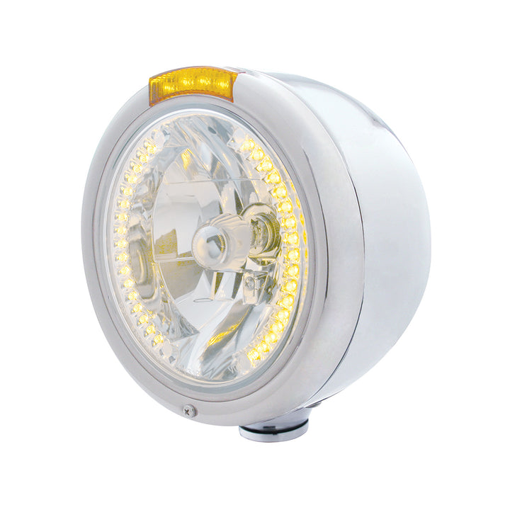 Stainless Steel Classic Half Moon Headlight H4 With Amber LED &amp; Signal - Amber Lens